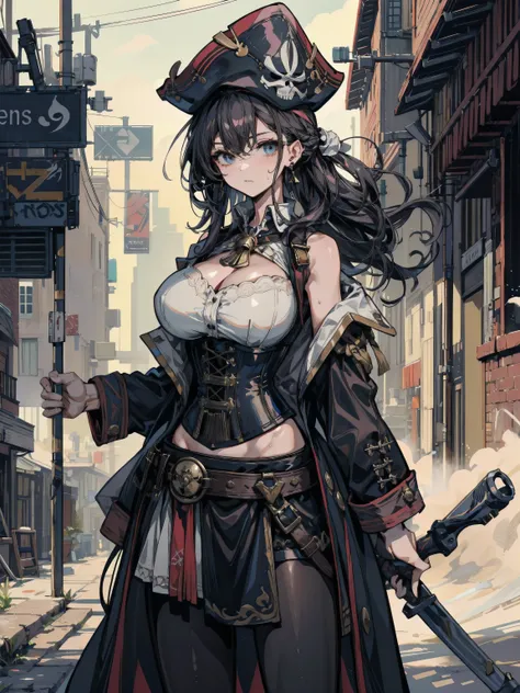 ideal ratio body proportions, perfect anatomy, correct body, earring, huge breasts, narrow waist, short hair, black hair, wavy hair, hair behind ear, half updo, looking at viewer, sweat, cowboy shot, outdoor, adult body, Practical pirate clothing, Long-sle...