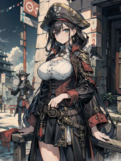 ideal ratio body proportions, perfect anatomy, correct body, earring, huge breasts, narrow waist, short hair, black hair, wavy hair, hair behind ear, half updo, looking at viewer, sweat, cowboy shot, outdoor, adult body, Practical pirate clothing, Long-sle...
