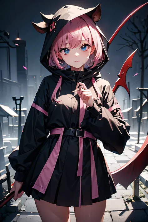 cute grim reaper wearing a hood shrouded in dark fog,Swinging a Scythe,Emerging from the swirling shadows.,Emerging from the swirling shadows. standing in the graveyard of forgotten souls .(Light Brown and Pink Striped Hair:1.3,),perfect faces, Correct Bod...