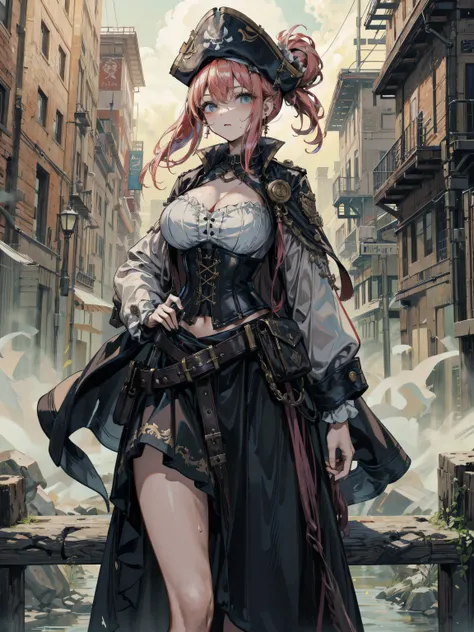 ideal ratio body proportions, perfect anatomy, correct body, earring, large breasts, narrow waist, short hair, black hair, wavy hair, hair behind ear, half updo, looking at viewer, sweat, cowboy shot, outdoor, adult body, Practical pirate clothing, Long-sl...