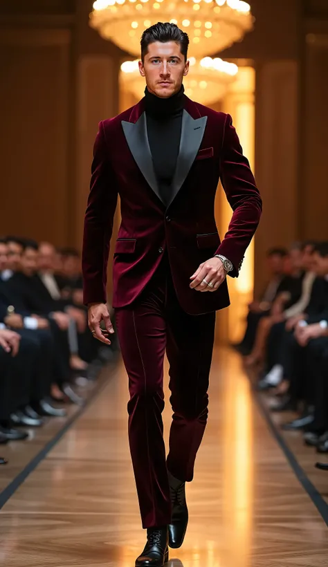 Outfit Description:
Robert Lewandowski wears a deep burgundy velvet suit with a black satin lapel, paired with a black turtleneck and polished leather boots. His outfit is accessorized with a gold chain and a diamond-studded ring, adding a touch of luxury ...