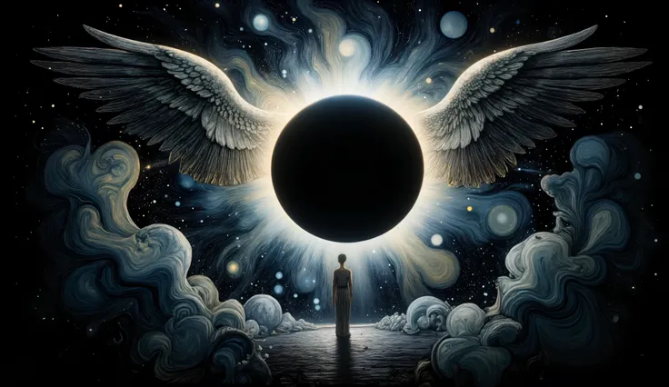 An illustration of an eclipse with a full-bodied angel casting a shadow over the moon, the angel's wings stretching out in a majestic arc, the celestial scene inspired by John William Waterhouse, dark moody tones with soft whites and silvers, no visible fa...