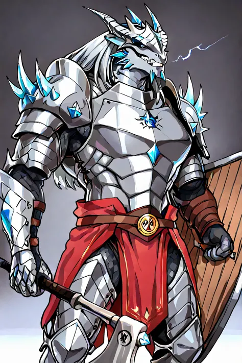 masterpiece, male silver dragonborn homem, Great Divine Warrior, wearing heavy plate armor adorned with draconic props that a multicolored circular symbol stands out on her chest. its gray scales have green features. At the top of his head is a large and l...