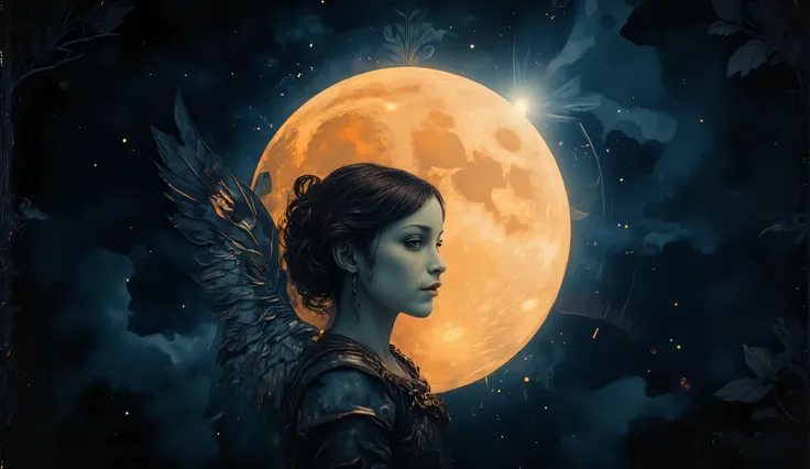 A Pixar 3D rendering of an eclipse, with an angel’s silhouette overlapping the moon, giving it a whimsical yet mysterious feel, inspired by Pixar's style, bright, vivid colors of blues and oranges, the angel’s face calm but thoughtful, high-key lighting w...