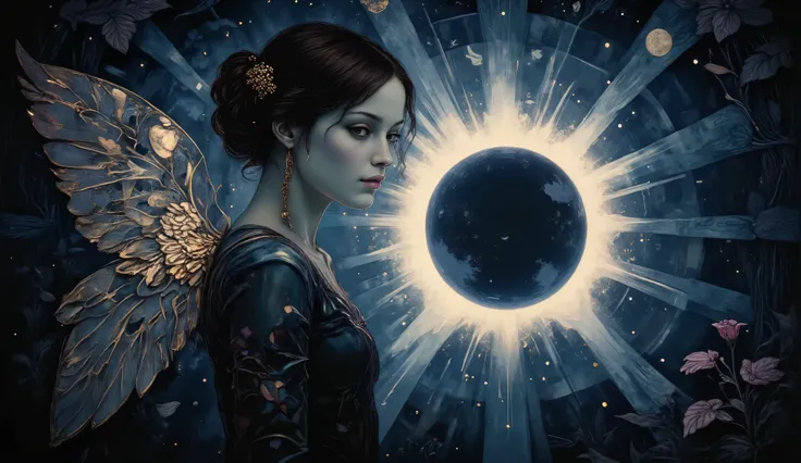 A digital illustration of a full eclipse where an angel, with glowing wings, envelops the moon in shadow, resembling the style of Hayao Miyazaki, the moon faintly visible through the angel's silhouette, soft blues and purples, the angel's face serene and c...
