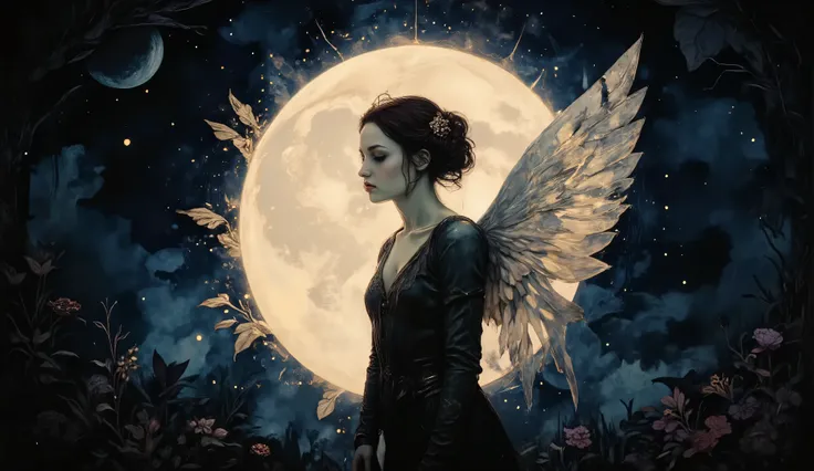 A digital illustration of a full eclipse where an angel, with glowing wings, envelops the moon in shadow, resembling the style of Hayao Miyazaki, the moon faintly visible through the angel's silhouette, soft blues and purples, the angel's face serene and c...