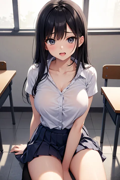  horny middle school girls 、Beautiful Black Haired Girl、semi-long hair、Wide-open eyes、Naughty mouth、Short-sleeved uniform、white collared blouse、Collarbone in full view、developing breasts、Fuckless、Pleated Skirts、 Panchira、white panties、 horny thighs、Inner t...