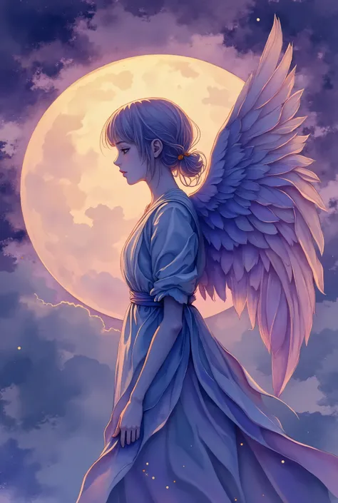 A watercolor painting of a total eclipse with an angel's shadow covering the moon, inspired by the delicate strokes of J.M.W. Turner, soft pastels and moody purples, the angel’s body forms the shadow, no visible facial expression, soft natural light with e...