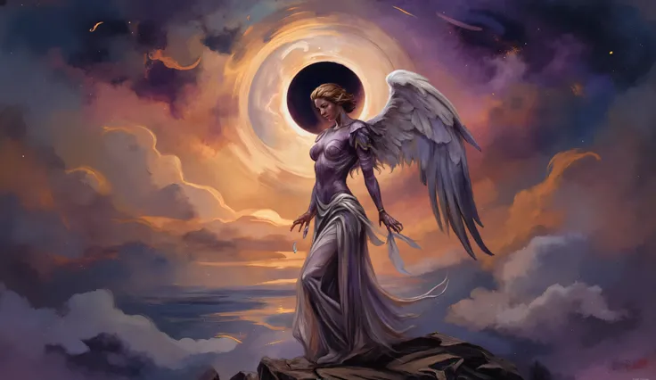 A watercolor painting of a total eclipse with an angel's shadow covering the moon, inspired by the delicate strokes of J.M.W. Turner, soft pastels and moody purples, the angel’s body forms the shadow, no visible facial expression, soft natural light with e...