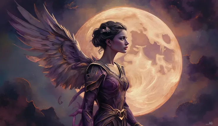A watercolor painting of a total eclipse with an angel's shadow covering the moon, inspired by the delicate strokes of J.M.W. Turner, soft pastels and moody purples, the angel’s body forms the shadow, no visible facial expression, soft natural light with e...
