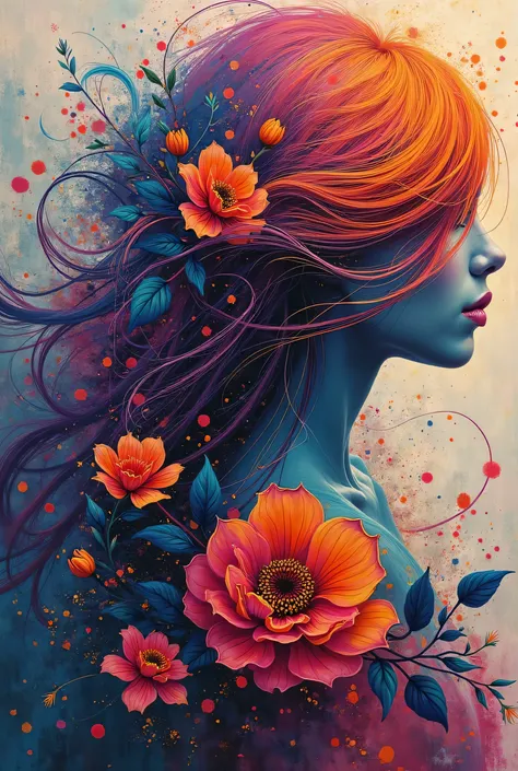 a colorful abstract painting, Random color hair,  super long hair , Wave, 1 Girl,flower, vibrant colors, abstract art, dynamic composition, fluid brushstrokes, textured background, mesmerizing palette, captivating visual, emotive expression, contemporary s...