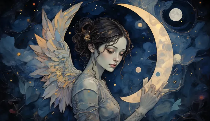 A digital illustration of a full eclipse where an angel, with glowing wings, envelops the moon in shadow, resembling the style of Hayao Miyazaki, the moon faintly visible through the angel's silhouette, soft blues and purples, the angel's face serene and c...