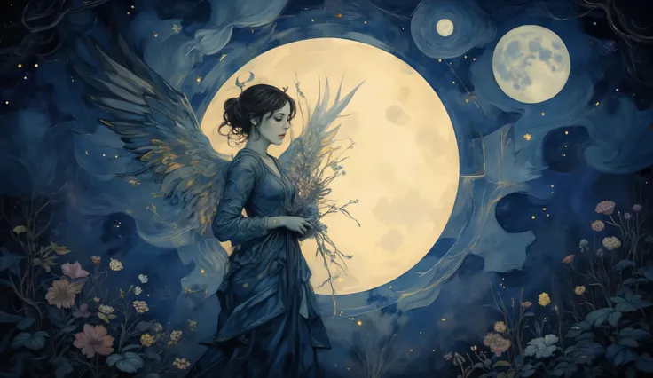 A digital illustration of a full eclipse where an angel, with glowing wings, envelops the moon in shadow, resembling the style of Hayao Miyazaki, the moon faintly visible through the angel's silhouette, soft blues and purples, the angel's face serene and c...