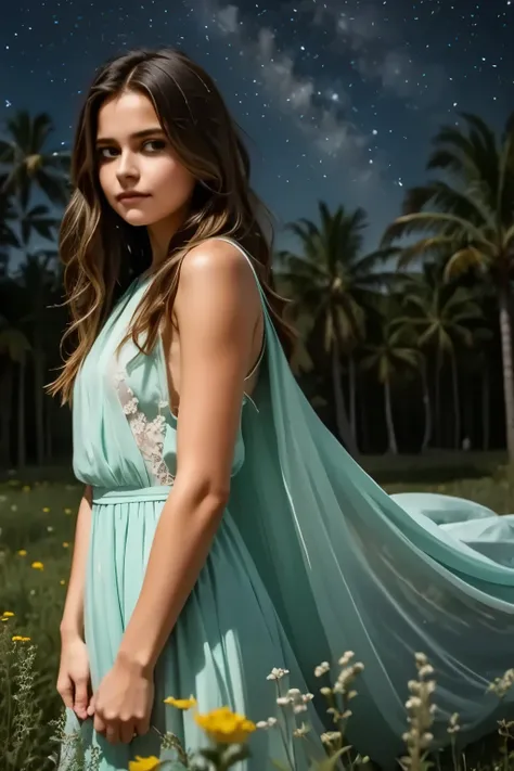 A dreamy landscape unfolds: a solitary girl with flowing hair and ethereal gown, set against a kaleidoscope of wildflowers and towering trees, bathed in soft moonlight that casts an otherworldly glow on her tranquil face. In the distance, stars twinkle lik...