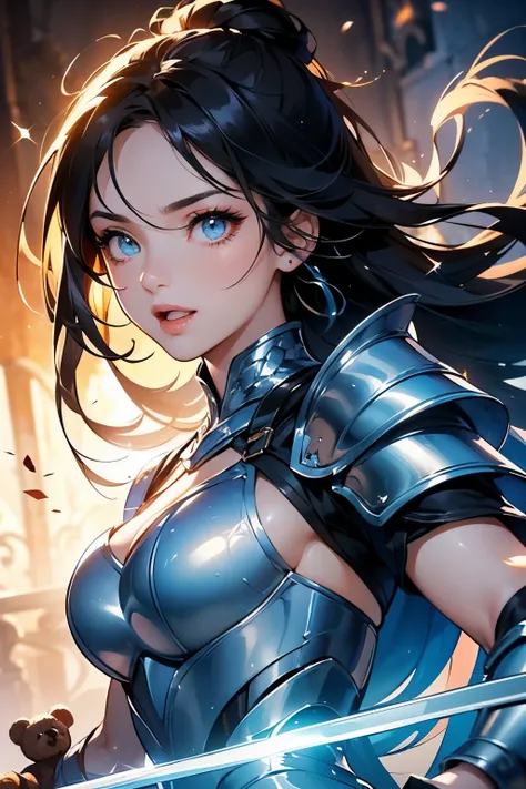 The female swordsman wearing the dust storms,Female swordsmen wearing gorgeous Western-style(((Blue Armor)))A female swordsman wearing((( expression of determination))).(((Teddy bear on the side )) Dynamic Composition,thrilling action that points ahead and...