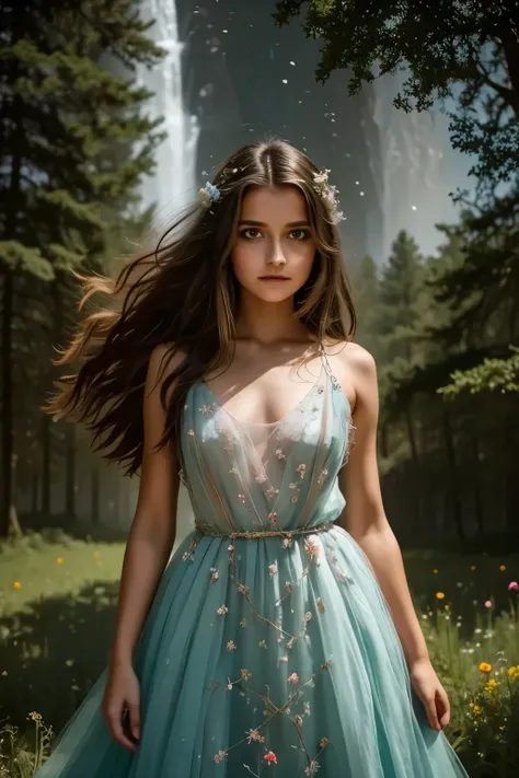 A dreamy landscape unfolds: a solitary girl with flowing hair and ethereal gown, set against a kaleidoscope of wildflowers and towering trees, bathed in soft moonlight that casts an otherworldly glow on her tranquil face. In the distance, stars twinkle lik...