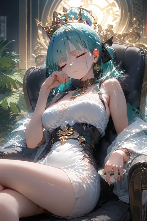  Anime girl sitting on a chair with a cup of coffee in her hand, alchemist girl, light novel cover illustration,  official art, epic light novel cover,  official artwork, epic light novel cover illustration, change, isekai, small curve change, crown of kus...