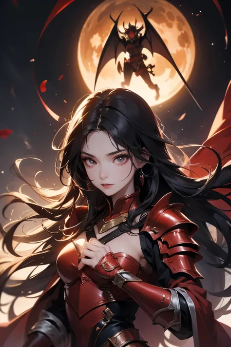 A wilderness where dust is blowing,A female swordsman in crimson armor who came from the devil in the Demon Realm,,   long black hair ,Claws are red and long and sharp、Laughing inappropriately、top quality、masterpiece