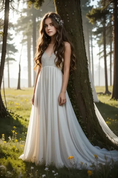 A dreamy landscape unfolds: a solitary girl with flowing hair and ethereal gown, set against a kaleidoscope of wildflowers and towering trees, bathed in soft moonlight that casts an otherworldly glow on her tranquil face. In the distance, stars twinkle lik...