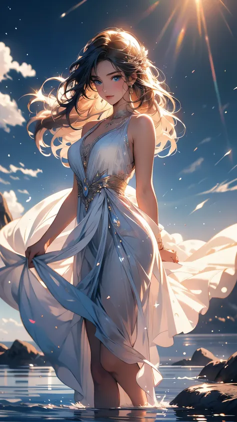 The most beautiful Scandinavian woman in the world stands atop a sharp rocky mountain in the midst of majestic nature. She wears a soft, white silk, flowing dress, with the fabric dancing gracefully in the wind. Her expression is calm and intelligent, and ...