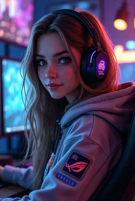 A highly detailed and ultra-realistic portrait of a young female gamer in her early 20s, with expressive eyes full of energy and determination. She has a stylish yet casual look, wearing a high-quality gaming headset with RGB lighting, a hoodie with a mode...