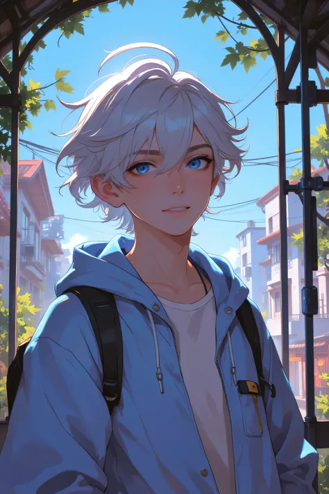 Young man. Tousled white hair. humble smile. blue eyes. anime. light blue jacket