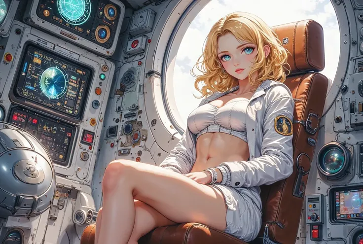 Anime woman  Blonde, sitting on space ship, white bikini latex tecno, show abdomen, show shoulders, , show legs, indoor of space ship control ((female pose)), contrast of light and dark colors, (masterpiece), best quality, expressive eyes, blushing perfect...