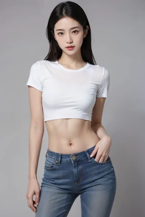 (realistic:1.2), solo, Asian woman, small white t-shirt, tight shirt, crop top, midriff, navel, jeans, gray background