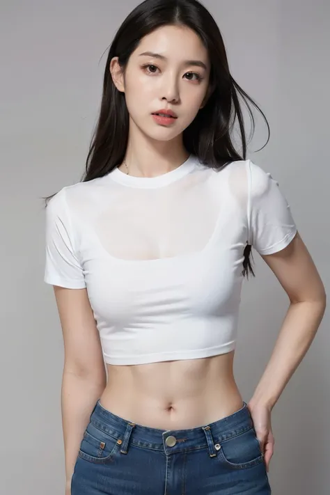 (realistic:1.2), solo, Asian woman, small white t-shirt, tight shirt, crop top, midriff, navel, jeans, gray background