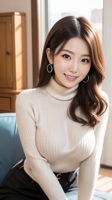   upper body upper-body photo showing the tuft　anatomically correct 5 fingers 　Beautiful Korean Woman Wearing Black Hair 　 turtleneck sweater　 wavy hair sitting on Ted　 earrings　functional body　 Big Breasts　Protruding breasts that make you want to grab an ...