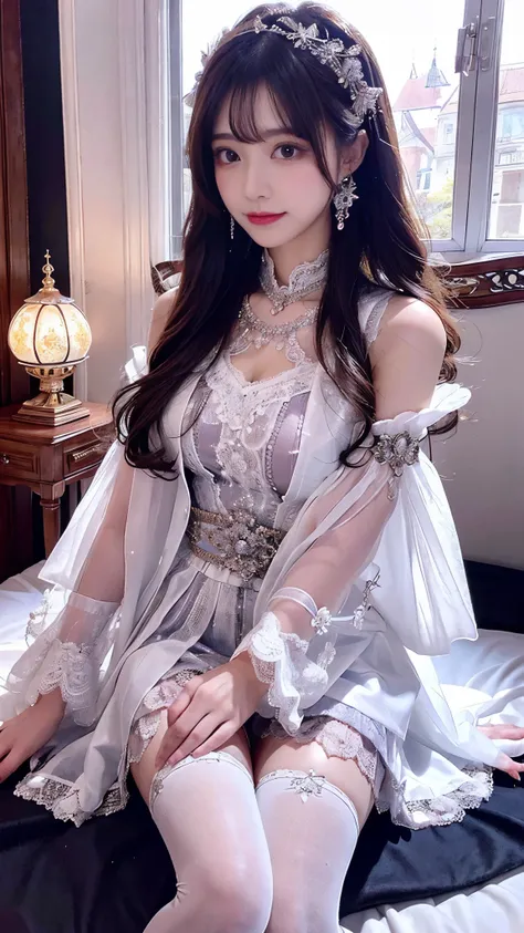 (Best Quality,4K, 8,000,high resolution, masterpiece:1.2), extremely detailed,Mature Woman,,magic,enchanting,joy, Holy Goddess ,magical effect, Transparent Dress ,Beautiful decoration,Features of the magical costumes of the heavens，White cloth,exquisite cl...