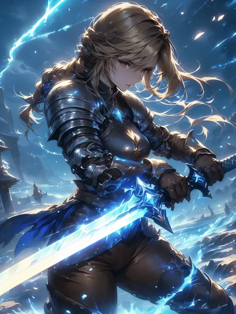 (Agrias Oaks\(Final Fantasy Tactics\),score_9, score_8_Excellent, score_7_Excellent, 32K ,detailed depiction 、 Girl Destroys with a Sword in Her Hand, Luxurious Sword, blonde hair, braided ponytail ,brown eyes,shoulder armor, armor, corset ,(brown pants:...