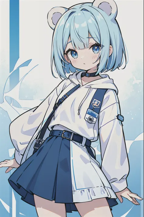 He is wearing a white hoodie with bear ears on the hood.、Light blue eyes、Light blue bob cut、The clothes come with a badge.。White skirt and blue belt、Calm girl