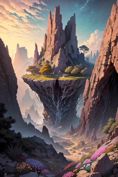  masterpiece , bottomless abyss, colorful flowers and giant trees. Beautiful sky and rocks in the distance. Adventure landscape. highest quality, detailed.