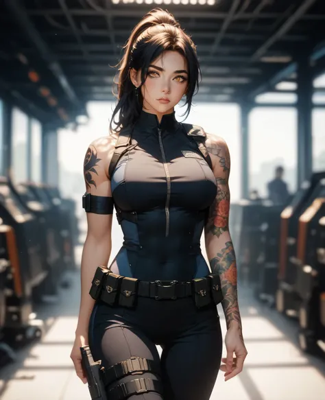 (Masterpiece), (best quality), highest quality, original, high resolution, (depth of field: 1.5), fidelity: 1.3, tall female with shoulder length black hair, tied up into a high ponytail, slender with athletic build, hourglass figure, black sleek undercove...