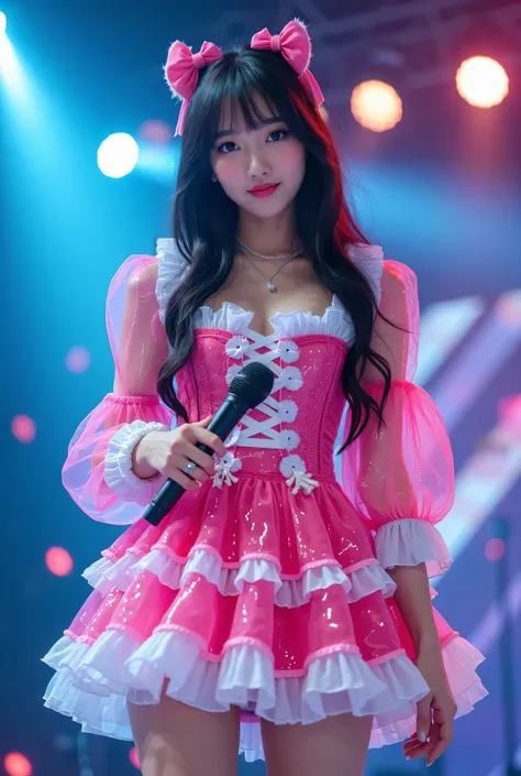 Create a highly detailed, realistic image of a young woman with long, dark hair styled with two small pink bows on either side. She is wearing a vibrant and transparent shinning glossy pink short dress that has a layered, frilly design with white ruffled e...