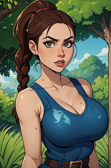 ( absurd lines, of high quality, Ultra Delicate , hand care) close up of an athletic and slender woman, 30 years, 8k (( high definition)), sighing look , Seductive look (( looking at the camera)), brown eyes, wearing a petrol blue tank top with print "l"...
