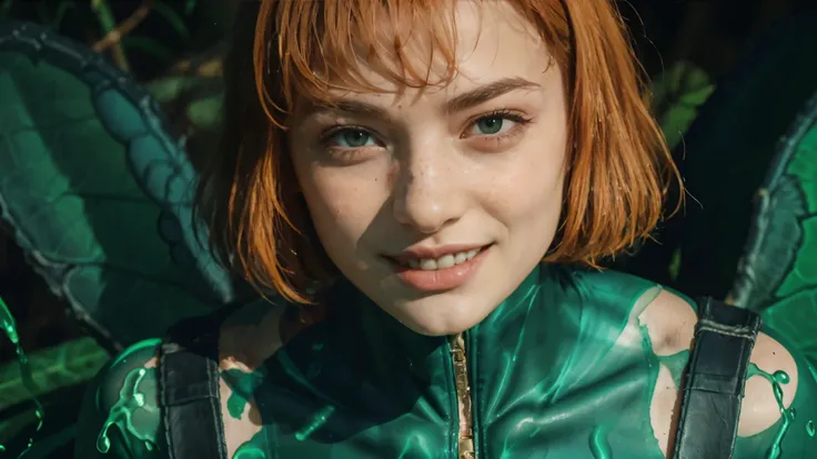 (masterpiece), best quality, expressive eyes, perfect face, e.g.o (project moon), midriff, Areolae, long braid ginger hair, Hairclips, limbus salesmen woman, perfect anatomy, black ascot, (((green bodysuit))), (((closeup face))), tall woman with a muscular...