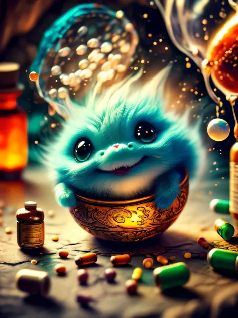 whimsical airbrush and oil painting, best angle of a Very cute multi-colored mythical graceful transparent anthropomorphic Spirit of Pills critter with an alchemical cauldron hold multi-colored pill, with hover in the air with an interest, thin arms, fragi...