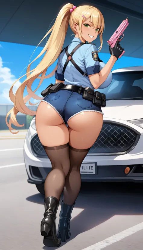 ultra-detailed,16K,(best quality),((masterpiece)),(highres),original,extremely, 1girl, solo, himariishikura, 1girl, blonde hair, hair ornament, hairclip, high ponytail, brown eyes, gyaru, large breasts, kogal, very long hair, hair bobbles, wearing police u...