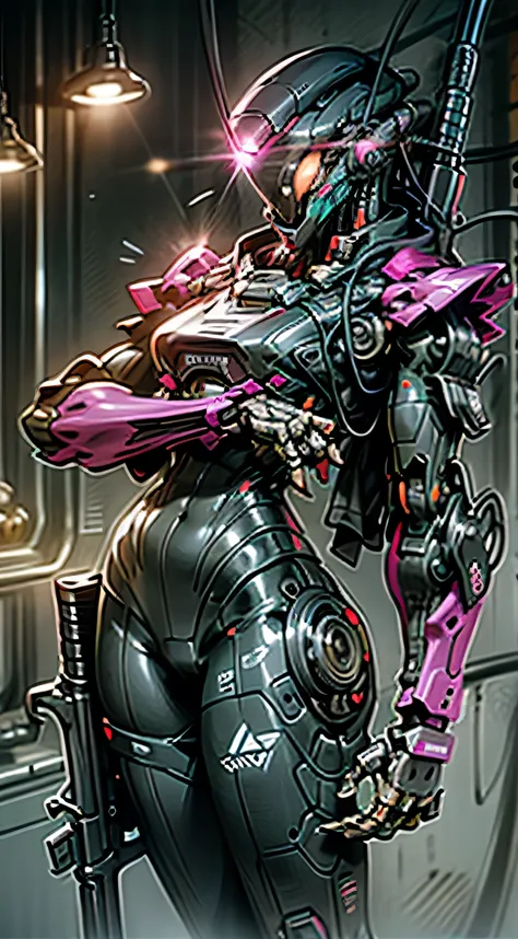 cyber droid, sci-fi tactical equipment, undercover operations, Delta Force, hull, muscular, rifle, feminine, Neon purple color,Shine,