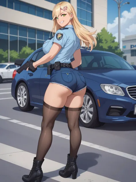 ultra-detailed,16K,(best quality),((masterpiece)),(highres),original,extremely, 1girl, solo, KJOaria, blonde hair, green eyes, hairclip, gyaru, long hair, wearing police uniform, wearing bootyshorts, black gloves, tactical belt, black thighhighs, boots, bu...