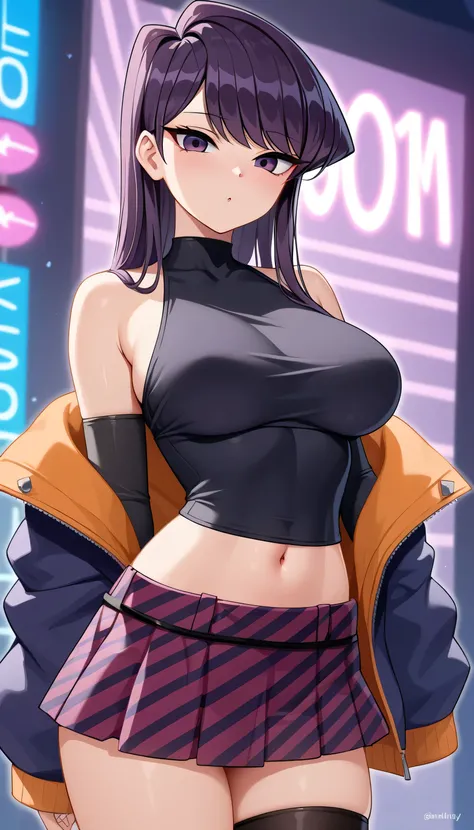 portraite, 1 girl, Komi Shouko, beautiful face, purple hair, asymmetrical hair, multicolored hair, purple eyes, waist belt, large breasts, covered navel, detached sleeves, purple-eyed, hip ventilation, open jacket, purple skirt, cute, Look to viewer, night...