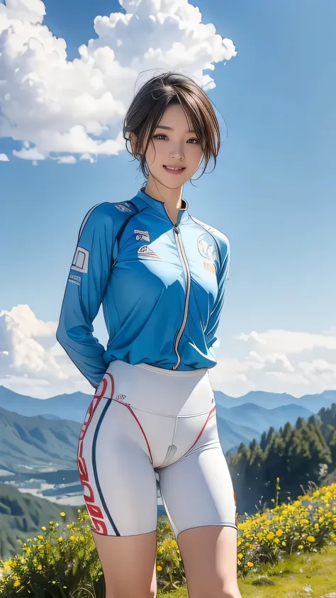  (girl, ,  Same Height  :1.2) , masterpiece，Mountain Biking，Cycling enthusiasts，beautiful girl，Professional clothing， Blue Sky and White Clouds ，8k,  Japanese girl ,  (Smile:0.7), Smile,   extremely short hair  , cameltoe, ( high color saturation :1.0),  (...