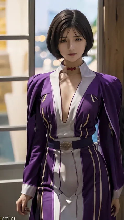 (night:1.7), HD, In front of the window with the curtain, curtain, Stand in an upright and immobile position, purple costume, Checked skirt, jewelry, necklace, short Black Hair, Yellow eyes, Very short hair, 1girl, robe, smile, smiling, Mature Woman, beaut...