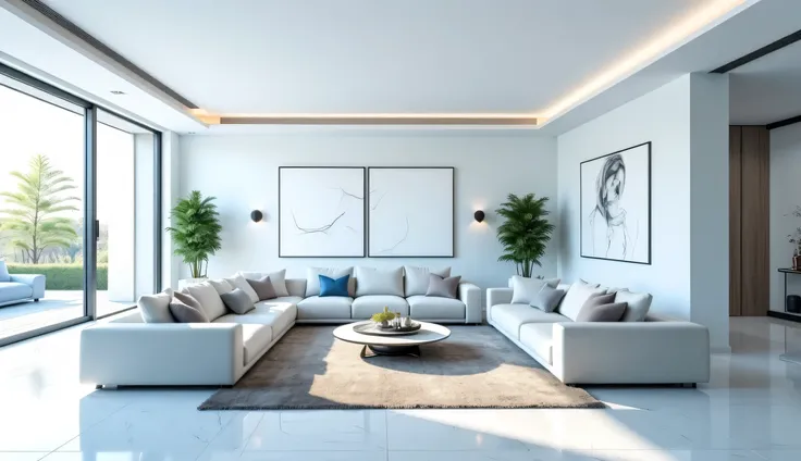 "A panoramic view of a luxurious, modern living room with a bright and elegant design. The color palette consists of white and light blue, creating a clean and sophisticated atmosphere. Large, framed artworks are displayed on the walls, adding an artistic ...