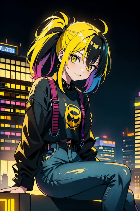   a young girl, 18 years old, multicolored hair, with two side ponytails,   wearing a long shirt  ,   short jeans  . She has a sadistic smile and is sitting on the edge of a tall building in a rundown city, dark and with neon signs ((best quality)) (( mast...