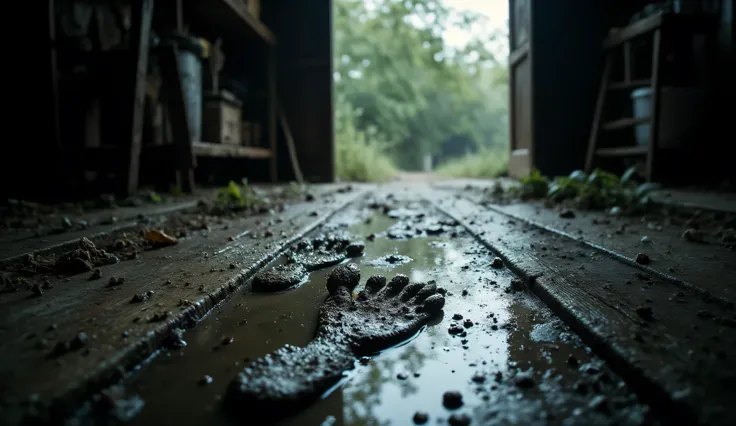 A detailed close-up of muddy footprints on a wooden Thai doorstep, with rain puddles reflecting a faint, ominous light.