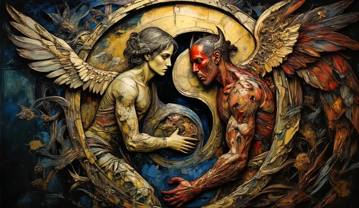 an oil painting of a divine angel and fallen demon intertwined in combat creating a yin-yang pattern by Hieronymus Bosch, detailed figures with anatomical precision forming a perfect circle of balance, rich gold and crimson hues contrasted with deep midnig...