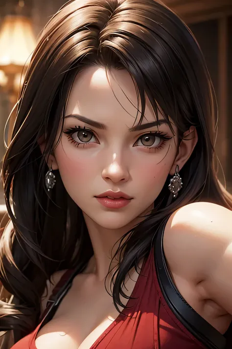 a close up of a woman in a red dress, tifa lockhart, tifa, seductive tifa lockhart portrait, tifa lockheart, glamorous tifa lockheart, katarina, lara croft as spiderwoman, mai shiranui, inspired by Daryush Shokof, as a character in tekken, by Daryush Shoko...